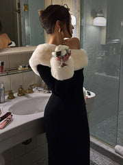 Robe maxi en peluche fendue à col asymétrique