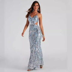 Robe midi de soirée à col en V ajouré et paillettes