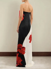 Robe de vacances bustier à imprimé floral et épaules dénudées, coupe trapèze