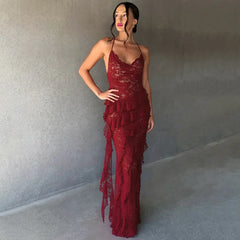 Robe de bal asymétrique à bretelles spaghetti et volants en dentelle