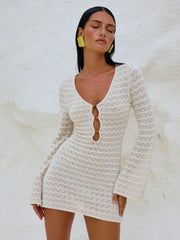 Robe de vacances sexy blanche en maille ajourée