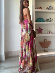 Robe bohème plissée imprimée sans bretelles à taille haute