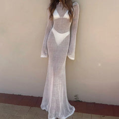 Robe de vacances unie en maille transparente