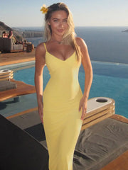 Robe moulante jaune spaghetti sans manches