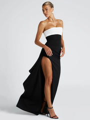 Robe maxi moulante fendue sans bretelles patchwork