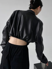 Manteau court rétro à revers en PU noir
