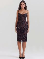 Robe midi moulante dos nu imprimée en dentelle