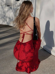 Robe de vacances imprimée à bretelles spaghetti sans manches et taille haute