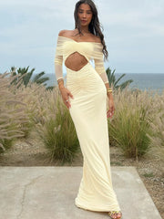 Robe de soirée maxi transparente à col bateau et fronces