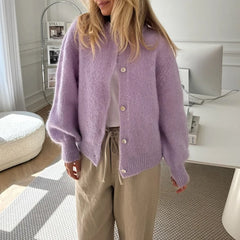 Cardigan uni à col rond et simple boutonnage