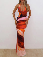 Robe de vacances dos nu sans manches à lacets et décolleté plongeant en V
