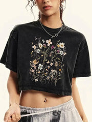 T-shirt à col rond délavé à motifs floraux