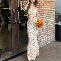 Robe maxi vintage à col carré fleuri
