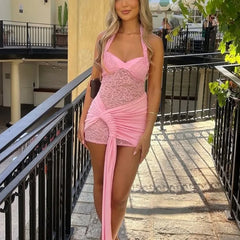 Robe mini dos nu plissée en dentelle à bretelles
