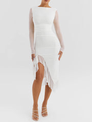 Robe midi dos nu en maille à volants