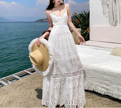 Robe bohème sans manches à décolleté en V profond et dentelle ajourée