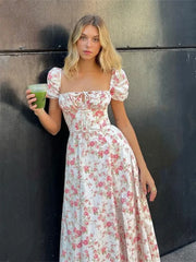 Robe maxi à manches bouffantes fendue et imprimé floral