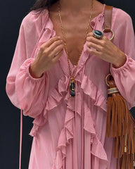 Robe longue maxi en mousseline à manches longues et volants