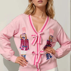 Cardigan à paillettes et sequins, col en V, bouton et nœud papillon