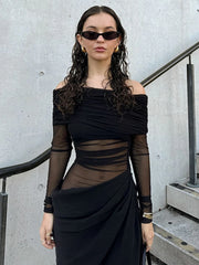 Robe longue patchwork en maille à col bateau