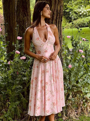 Robe de vacances sans manches à décolleté plongeant et dos nu, taille cintrée