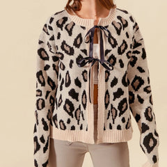 Cardigan en maille à lacets et nœud contrastant léopard