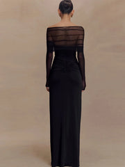 Robe de soirée maxi transparente à col bateau et fronces