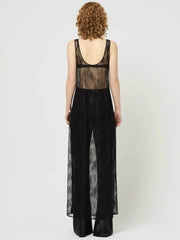 Robe de vacances sans manches à col en U et dentelle transparente