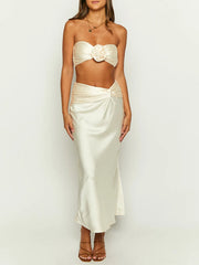 Ensemble deux pièces jupe bandeau en satin à fleurs