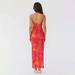 Ensemble deux pièces jupe bandeau moulante à fleurs