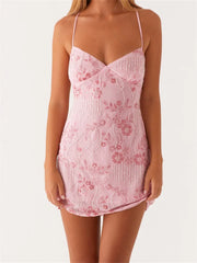 Robe courte à col V et dos nu à fleurs