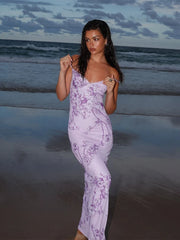 Robe moulante sans manches à col en V et imprimé floral