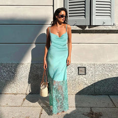 Robe midi à bretelles dos nu et dentelle