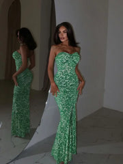 Robe de soirée bustier imprimée à plis trompette