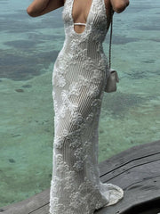 Robe longue dos nu à volants et fronces
