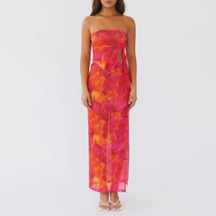Ensemble deux pièces jupe bandeau moulante à fleurs