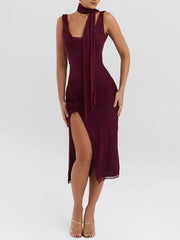 Robe midi fendue en maille à fleurs