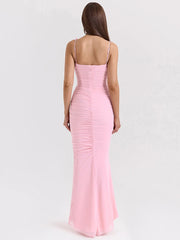 Robe de soirée moulante sans manches à bretelles spaghetti et nœud