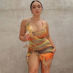 Robe mini dos nu à franges tie-dye