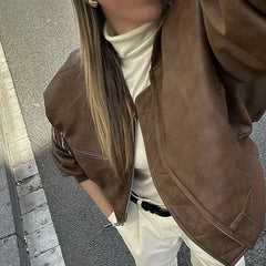 Manteau court rétro en coton PU et fermeture éclair