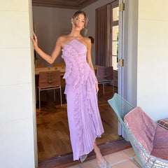 Robe plissée dos nu à motif lotus