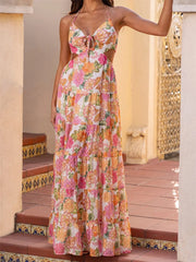 Robe longue à volants et col en V à fleurs