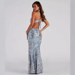 Robe midi de soirée à col en V ajouré et paillettes