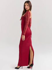 Robe longue moulante carrée fendue à lacets
