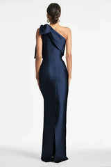 Robe de bal sirène élégante, longue et bleu marine foncé, avec nœud.