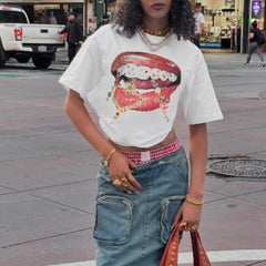 T-shirt décontracté à imprimé lèvres contrasté