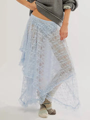 Jupe midi asymétrique en dentelle élastique