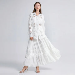 Ensemble jupe longue et chemisier en dentelle blanche, style bohème décontracté