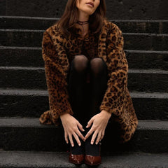 Manteau long d'hiver en fausse fourrure léopard
