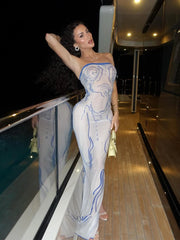 Robe de soirée moulante imprimée sans bretelles